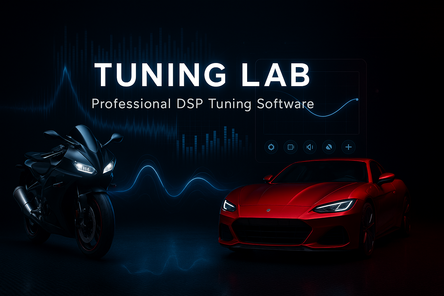 Tuning Lab hero image with Harley touring motorcycle and performance car
